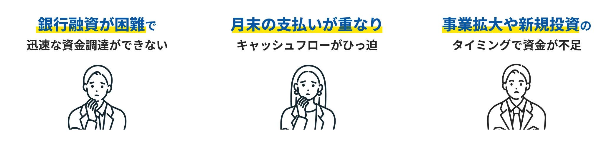 銀行融資が困難で迅速な資金調達ができない 月末の支払いが重なりキャッシュフローがひっ迫 事業拡大や新規投資のタイミングで資金が不足